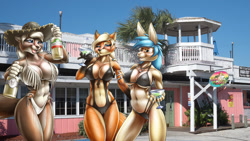 Size: 1400x788 | Tagged: suggestive, artist:evilart, oc, oc only, oc:champagne (evilart), oc:champagne (sexyfur), oc:dawn (evilart), oc:gunbunny (evilart), border collie, canine, collie, dog, fox, lagomorph, mammal, rabbit, anthro, 2015, alcohol, beach, bedroom eyes, belly button, bikini, black nose, breasts, buckteeth, cameltoe, clothes, digital art, drink, ears, eyelashes, female, females only, fur, hair, hat, headwear, holding, jewelry, martini, necklace, nipple outline, open mouth, pink nose, sharp teeth, swimsuit, tail, teeth, thighs, tongue, trio, trio female, vixen, wide hips