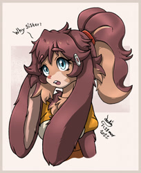 Size: 1045x1280 | Tagged: safe, artist:joakaha, lop (star wars: visions), lagomorph, mammal, rabbit, anthro, star wars, star wars: visions, 2022, breasts, buckteeth, bust, clothes, digital art, ears, eyelashes, female, fur, hair, open mouth, pink nose, portrait, simple background, solo, solo female, teeth, tongue