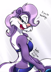 Size: 880x1250 | Tagged: safe, artist:joakaha, fifi la fume (tiny toon adventures), mammal, skunk, anthro, tiny toon adventures, warner brothers, 2022, bikini, breasts, butt, chest fluff, clothes, dialogue, digital art, ears, eyelashes, female, fluff, fur, hair, looking at you, looking back, looking back at you, older, one eye closed, open mouth, pink nose, rear view, sideboob, simple background, solo, solo female, swimsuit, tail, talking, talking to viewer, text, tongue
