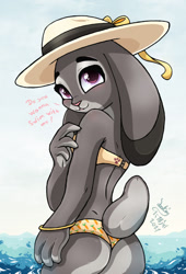 Size: 871x1280 | Tagged: safe, artist:joakaha, judy hopps (zootopia), lagomorph, mammal, rabbit, anthro, disney, zootopia, 2021, beach, bikini, breasts, butt, clothes, cloud, dialogue, digital art, ears, eyelashes, female, floppy ears, fur, looking at you, looking back, looking back at you, ocean, pink nose, rear view, sideboob, simple background, skinny dipping, sky, solo, solo female, straw hat, swimsuit, tail, talking, talking to viewer, text, water