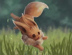 Size: 1000x764 | Tagged: safe, artist:nilomne, eevee, eeveelution, fictional species, mammal, feral, nintendo, pokémon, 2022, ambiguous gender, brown body, brown eyes, brown fur, fluff, fur, grass, happy, jumping, multicolored fur, neck fluff, outdoors, solo, two toned body, two toned fur