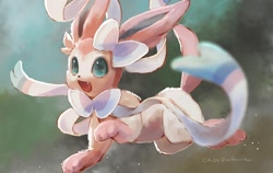 Size: 1000x630 | Tagged: safe, artist:nilomne, eeveelution, fictional species, mammal, sylveon, feral, nintendo, pokémon, 2022, ambiguous gender, fangs, fur, hair accessory, happy, looking at you, multicolored fur, pink body, pink fur, prancing, ribbon, sharp teeth, smiling, solo, teal eyes, teeth, two toned body, two toned fur