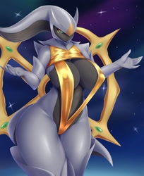 Size: 1280x1569 | Tagged: suggestive, alternate version, artist:mleonheart, arceus, fictional species, legendary pokémon, mythical pokémon, anthro, nintendo, pokémon, 2021, belly button, big breasts, bikini, breasts, cameltoe, clothes, digital art, eyelashes, female, galaxy, looking at you, nipple outline, scales, sling bikini, solo, solo female, swimsuit, tail, thighs, wide hips