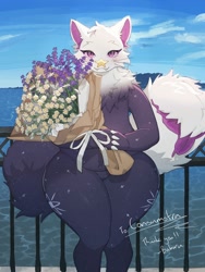 Size: 1500x2000 | Tagged: safe, artist:baburusushi, mammal, anthro, 2022, big tail, bouquet, featureless crotch, female, fluff, neck fluff, solo, solo female, tail, tail mouth, thick thighs, thighs, wide hips
