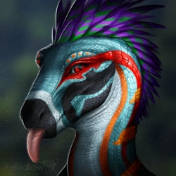 Size: 700x700 | Tagged: safe, artist:fellfallow, dinosaur, raptor, theropod, anthro, 2022, ambiguous gender, blep, bust, feathers, portrait, scales, solo, tongue, tongue out