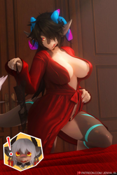 Size: 1080x1620 | Tagged: suggestive, artist:jenya_sl, dragon, fictional species, anthro, 2022, 3d, areola, areola slip, bathrobe, big breasts, bra, breasts, clothes, digital art, female, female focus, horns, licking, licking lips, lingerie, solo focus, tail, thick thighs, thighs, tongue, tongue out, underwear, undressing