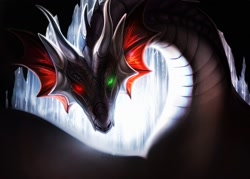 Size: 1600x1144 | Tagged: safe, artist:mssafiru, dragon, fictional species, feral, 2022, ambiguous gender, glowing, glowing eyes, heterochromia, horns, scales, wings