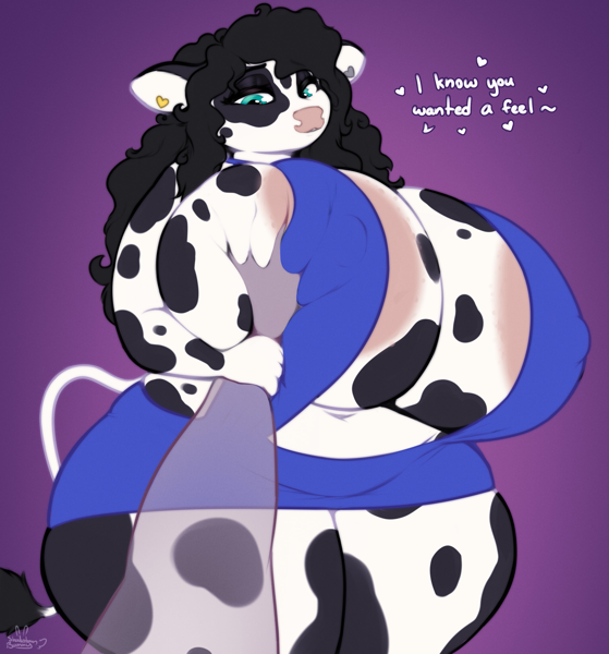 169653 - suggestive, artist:shakotanbunny, bovid, cattle, cow, mammal,  anthro, 2022, areola, areola slip, breast grab, breast squish, breasts,  female, female focus, huge breasts, nipple outline, offscreen character,  pov, slightly chubby, solo focus