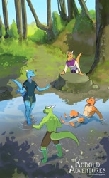Size: 1080x1752 | Tagged: safe, artist:nyhgault, fictional species, kobold, reptile, anthro, 2022, female, forest, horns, male, partially submerged, playing, river, tail, water