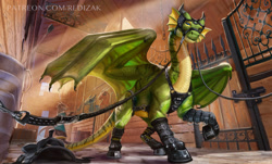 Size: 2000x1204 | Tagged: suggestive, artist:red-izak, dragon, fictional species, kobold, reptile, feral, 2022, ambiguous gender, bondage, bridle, horns, latex, saddle, tack, wings