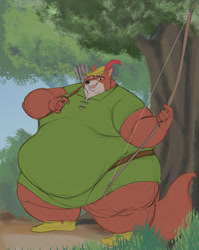 Size: 1019x1280 | Tagged: safe, artist:captainjusticevirtsuoso, robin hood (robin hood), canine, fox, mammal, anthro, disney, robin hood (disney), 2022, fat, hyper, male, morbidly obese, obese, weight gain