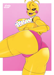 Size: 910x1280 | Tagged: suggestive, artist:dirtyduckart, chica (fnaf), toy chica (fnaf), android, bird, chicken, galliform, robot, anthro, five nights at freddy's, 2022, bedroom eyes, big breasts, bikini, black sclera, breasts, butt, cameltoe, clothes, colored sclera, digital art, eyelashes, female, fur, hair, looking at you, looking back, looking back at you, nipple outline, open mouth, pose, rear view, sharp teeth, sideboob, solo, solo female, swimsuit, teeth, thighs, tongue, wide hips