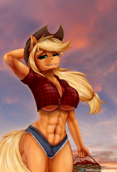Size: 720x1051 | Tagged: safe, artist:shamziwhite, applejack (mlp), earth pony, equine, fictional species, mammal, pony, anthro, friendship is magic, hasbro, my little pony, 2022, abs, anthrofied, big breasts, blonde hair, blonde mane, blonde tail, bottomwear, breasts, cleavage, clothes, cowboy hat, fan art, female, hair, hat, headwear, jeans, lifted arm, long hair, mane, mare, muscles, orange body, pants, shirt, short jeans, shorts, solo, solo female, standing, tail, tied shirt, topwear