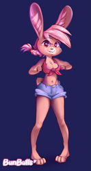 Size: 1291x2434 | Tagged: safe, artist:bun_butts, oc, oc only, lagomorph, mammal, rabbit, anthro, 2022, absolute cleavage, barefoot, belly button, big breasts, bottomwear, breasts, buckteeth, chest fluff, cleavage, clothes, daisy dukes, feet, female, fluff, front-tie top, heart, heart eyes, jeans, looking at you, midriff, pants, shirt, short shorts, shorts, smiling, smiling at you, solo, solo female, teeth, thick thighs, thighs, toes, topwear, wide hips, wingding eyes