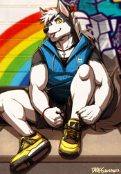 Size: 2800x4000 | Tagged: safe, artist:drks, oc, oc only, nordic sled dog, anthro, plantigrade anthro, 2022, blep, bottomwear, clothes, ears, fur, graffiti, hair, heterochromia, high res, life jacket, looking at you, male, shoes, shorts, signature, sitting, solo, solo male, tail, tongue, tongue out, white body, white fur, white hair