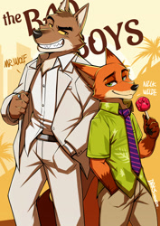 Size: 2480x3507 | Tagged: safe, artist:drks, mr. wolf (the bad guys), nick wilde (zootopia), canine, fox, mammal, wolf, anthro, disney, dreamworks animation, the bad guys, zootopia, 2022, bottomwear, clothes, crossover, duo, duo male, lidded eyes, lollipop, male, males only, pants, suit, teeth