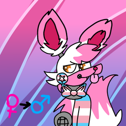 Size: 1280x1280 | Tagged: source needed, safe, artist:bluedeerfox14, funtime foxy (fnaf), animatronic, canine, fictional species, fox, mammal, robot, anthro, five nights at freddy's, bow, bow tie, clothes, female symbol, gender symbol, half closed eyes, male, male symbol, solo, solo male, tongue, tongue out, topwear, transgender, vest