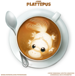 Size: 680x691 | Tagged: safe, artist:cryptid-creations, mammal, monotreme, platypus, feral, 2020, 2d, ambiguous gender, container, cup, latte, looking up, pun, saucer, simple background, solo, solo ambiguous, visual pun, white background