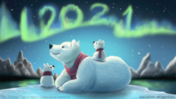 Size: 920x518 | Tagged: safe, artist:cryptid-creations, bear, mammal, polar bear, feral, 2020, 2d, ambiguous gender, ambiguous only, aurora borealis, clothes, group, holiday, ice, mountain, new year, night, night sky, scarf, sky, trio, trio ambiguous, water