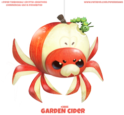 Size: 670x622 | Tagged: safe, artist:cryptid-creations, arachnid, arthropod, caterpillar, fictional species, food creature, hybrid, insect, spider, feral, 2020, ambiguous gender, ambiguous only, apple, duo, duo ambiguous, eating, food, fruit, pun, simple background, unamused, visual pun, white background
