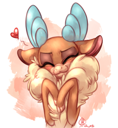 Size: 1950x2100 | Tagged: safe, artist:whitediamonds, velvet reindeer (tfh), cervid, deer, mammal, reindeer, feral, them's fightin' herds, 2015, 2d, blushing, cute, eyes closed, female, fluff, front view, heart, smiling, solo, solo female, ungulate, wholesome