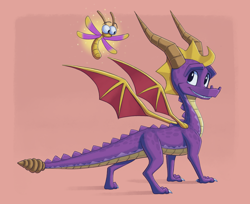 Size: 1620x1320 | Tagged: safe, artist:laser-fire, sparx (spyro), spyro the dragon (spyro), arthropod, dragon, dragonfly, fictional species, insect, reptile, western dragon, feral, spyro the dragon (series), 2021, duo, duo male, looking at each other, male, males only