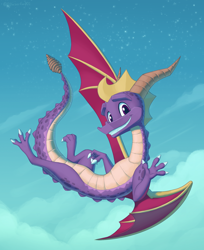 Size: 1314x1612 | Tagged: safe, artist:laser-fire, spyro the dragon (spyro), dragon, fictional species, reptile, western dragon, feral, spyro the dragon (series), 2022, flying, looking at you, male, solo, solo male
