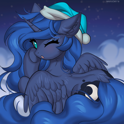 Size: 1000x1002 | Tagged: safe, artist:margony, princess luna (mlp), alicorn, equine, fictional species, mammal, pony, feral, friendship is magic, hasbro, my little pony, 2019, 2d, blushing, cloud, cute, female, looking at you, mare, nightcap, one eye closed, solo, solo female, wholesome