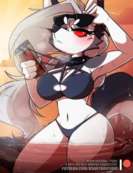Size: 765x990 | Tagged: safe, artist:bbsartboutique, loona (vivzmind), canine, fictional species, hellhound, mammal, anthro, hazbin hotel, helluva boss, 2022, bikini, breasts, cell phone, clothes, ears, female, glasses, gray hair, hair, huge breasts, long hair, phone, smartphone, solo, solo female, sunglasses, swimsuit, tail, thick thighs, thighs