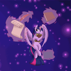 Size: 600x600 | Tagged: safe, artist:szafir87, twilight sparkle (mlp), alicorn, equine, fictional species, mammal, pony, friendship is magic, hasbro, my little pony, 2017, 2d, 2d animation, animated, book, female, gif, holding, holding book, holding object, looking at you, mare, night, night sky, paper, quill, sky, solo, solo female, stars, ungulate