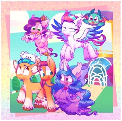 Size: 2048x2030 | Tagged: safe, artist:sidruni, hitch trailblazer (mlp), izzy moonbow (mlp), pipp petals (mlp), sparky sparkeroni (mlp), sunny starscout (mlp), zipp storm (mlp), canine, dog, dragon, earth pony, equine, fictional species, mammal, pegasus, pony, unicorn, hasbro, my little pony, my little pony g5, my little pony: make your mark, spoiler:my little pony g5, 2022, bow, chest fluff, cloudpuff, crystal brighthouse, cute, ear fluff, ear piercing, female, fluff, flying, hair bow, male, mane five (mlp g5), mare, open mouth, piercing, puppy, stallion, tail, tail bow, young