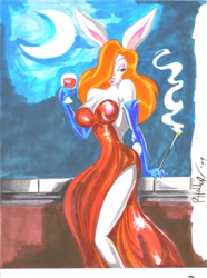 Size: 953x1280 | Tagged: source needed, useless source url, safe, artist:aqb52, jessica rabbit (roger rabbit), lagomorph, mammal, rabbit, anthro, who framed roger rabbit, alcohol, bedroom eyes, big breasts, breasts, cigarette, cleavage, clothes, drink, female, furrified, gloves, green eyes, hair, hair over one eye, long gloves, long hair, moon, red eyes, smiling, smoking, solo, solo female, thick thighs, thighs, wide hips, wine, wine glass