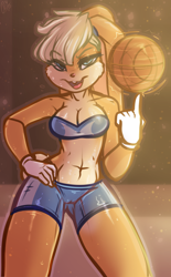 Size: 1628x2628 | Tagged: suggestive, artist:dimwitdog, lola bunny (looney tunes), lagomorph, mammal, rabbit, anthro, looney tunes, warner brothers, 2019, ball, basketball, bedroom eyes, belly button, bottomwear, breasts, buckteeth, butt, cameltoe, clothes, detailed background, digital art, ears, eyelashes, female, floppy ears, fur, gloves, hair, hand on hip, looking at you, open mouth, pink nose, shorts, solo, solo female, sports bra, sports shorts, sweat, tail, teeth, thighs, tongue, topwear, underass, wide hips