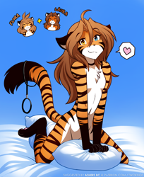 Size: 960x1179 | Tagged: safe, artist:twokinds, flora (twokinds), laura (twokinds), fictional species, keidran, mammal, anthro, twokinds, 2022, belly button, blue background, blue eyes, breasts, brown hair, chest fluff, collar, digital art, featureless breasts, featureless crotch, female, fluff, fur, fusion, gloves (arm marking), hair, heterochromia, kneeling, leash, orange body, orange fur, paw pads, paws, pillow, simple background, small breasts, socks (leg marking), solo, solo female, striped fur, white body, white fur, yellow eyes