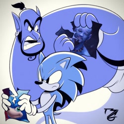Size: 1024x1024 | Tagged: safe, artist:megadrivebrad, genie (aladdin), sonic the hedgehog (sonic), fictional species, genie, hedgehog, human, mammal, anthro, humanoid, aladdin (disney franchise), disney, sega, sonic the hedgehog (series), sonic the hedgehog movie, 2019, 2d, aladdin (2019), angry, crossover, duo, duo male, irl, irl human, male, males only, photo, ripping, ugly sonic, will smith