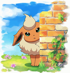 Size: 570x600 | Tagged: safe, artist:ぷらね。, eeveelution, fictional species, flareon, mammal, feral, nintendo, pokémon, 2015, 2d, 2d animation, ambiguous gender, animated, blinking, blushing, brick wall, cute, gif, on model, pixiv, scared, shy, solo, solo ambiguous