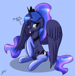 Size: 2301x2306 | Tagged: safe, artist:nexcoyotlgt, princess luna (mlp), alicorn, equine, fictional species, mammal, pony, feral, friendship is magic, hasbro, my little pony, 2017, 2d, blatant lies, blep, blue background, blushing, clothes, cute, embarrassed, female, i'm not cute, mare, one eye closed, simple background, socks, solo, solo female, tongue, tongue out, ungulate