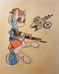 Size: 1024x1279 | Tagged: safe, artist:dice-warwick, oc, oc only, oc:harp melody, equine, fictional species, mammal, pegasus, pony, fallout equestria, fallout, friendship is magic, hasbro, my little pony, 2019, female, gun, mare, solo, solo female, ungulate, weapon