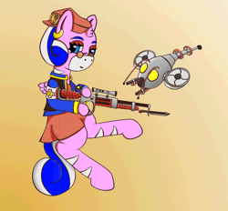 Size: 646x600 | Tagged: safe, artist:dice-warwick, artist:szafir87, edit, oc, oc only, oc:harp melody, equine, fictional species, mammal, pegasus, pony, fallout equestria, fallout, friendship is magic, hasbro, my little pony, 2020, animated, female, gif, gun, mare, solo, solo female, ungulate, weapon