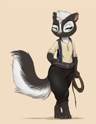 Size: 2500x3200 | Tagged: safe, artist:louart, mammal, skunk, anthro, 2022, bottomwear, clothes, digital art, ear piercing, earring, ears, green eyes, hair, male, pants, paws, piercing, shirt, simple background, solo, solo male, standing, tail, topwear, whip, white hair