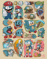 Size: 900x1126 | Tagged: safe, artist:ry-spirit, mario (mario), miles "tails" prower (sonic), navi (zelda), ryu (street fighter), sonic the hedgehog (sonic), animate object, boo (mario), canine, fairy, fictional species, fox, ghost, hedgehog, mammal, pac-person (pac-man), red fox, undead, ambiguous form, anthro, feral, plantigrade anthro, bandai namco, banjo-kazooie, capcom, cc by-nc-nd, creative commons, mario (series), minecraft, namco, nintendo, pac-man, rareware, sega, sonic the hedgehog (series), street fighter, the legend of zelda, the legend of zelda: ocarina of time, 2022, chaos emerald, cosplay, crossover, hat, headwear, male, mario's hat, pickaxe, ring (sonic), species swap