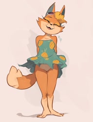 Size: 1430x1867 | Tagged: safe, artist:edtropolis, audie (animal crossing), canine, fox, mammal, anthro, animal crossing, animal crossing: new horizons, nintendo, 2022, bottomless, breasts, clothes, cute, dress, female, muumuu, nudity, partial nudity, solo, solo female