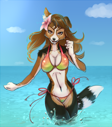 Size: 638x721 | Tagged: suggestive, artist:alanscampos, artist:wyla, collaboration, oc, oc only, canine, dog, mammal, anthro, 2015, beach, belly button, black nose, breasts, cameltoe, cloud, detailed background, digital art, ears, eyelashes, female, fur, hair, looking at you, ocean, open mouth, pose, running, sharp teeth, skinny dipping, sky, smiling, smiling at you, solo, solo female, tail, teeth, thighs, tongue, water, wide hips