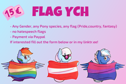 Size: 3000x2000 | Tagged: safe, artist:exobass, photo finish (mlp), rainbow dash (mlp), oc, oc:exobass, equine, mammal, pony, friendship is magic, hasbro, my little pony, advertisement, austria, austrian flag, bisexual pride flag, commission, flag, gay pride flag, glasses, looking at you, ponified, pride, pride flag, spread wings, wings, ych, ych result