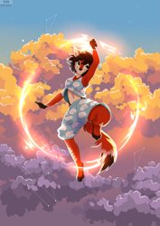 Size: 2893x4092 | Tagged: safe, artist:kidaoriginal, oc, oc:poppy (lavallett1), canine, fox, mammal, wolf, anthro, 2022, barefoot, cloud, commission, dipstick tail, dream, female, flying, freckles, magic, martial arts, pajamas, paws, stars, tail, ych, ych result
