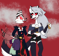 Size: 1586x1519 | Tagged: safe, artist:aro-grey-pan, blitzo (vivzmind), loona (vivzmind), canine, demon, fictional species, hellhound, mammal, anthro, digitigrade anthro, hazbin hotel, helluva boss, 2022, anthrofied, daughter, duo, duo male and female, father, father and child, father and daughter, female, furrified, male, mature, mature male, species swap