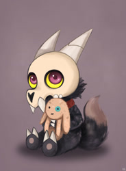 Size: 1280x1739 | Tagged: safe, artist:celeca, king (the owl house), fictional species, lagomorph, mammal, rabbit, semi-anthro, disney, the owl house, spoiler, spoiler:the owl house, 2022, 2d, bone, collar, cute, francois (the owl house), front view, horns, looking at you, male, plushie, purple background, simple background, skull, solo, solo male, three-quarter view, titan, young