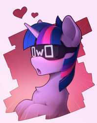 Size: 800x1010 | Tagged: safe, artist:yakovlev-vad, twilight sparkle (mlp), equine, mammal, feral, friendship is magic, hasbro, my little pony, 2022, blue hair, female, fur, hair, heart, horn, mare, multicolored hair, open mouth, owo, pink background, pink body, pink fur, pink hair, purple hair, simple background, solo, solo female, vr goggles