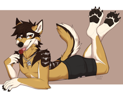 Size: 1280x1022 | Tagged: safe, artist:kazuk9, oc, oc only, oc:danny dumal, canine, mammal, wolf, anthro, digitigrade anthro, 2022, cheek fluff, clothes, fangs, fluff, licking, looking at you, lying down, paw pads, pawpsicle, paws, pendant, prone, sharp teeth, tail, teeth, tongue, tongue out, underpaw, underwear