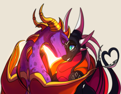 Size: 3363x2608 | Tagged: safe, artist:plaguedogs123, cynder the dragon (spyro), spyro the dragon (spyro), dragon, fictional species, reptile, western dragon, feral, spyro the dragon (series), the legend of spyro, 2022, 2d, dragoness, duo, eyes closed, female, male, nuzzling